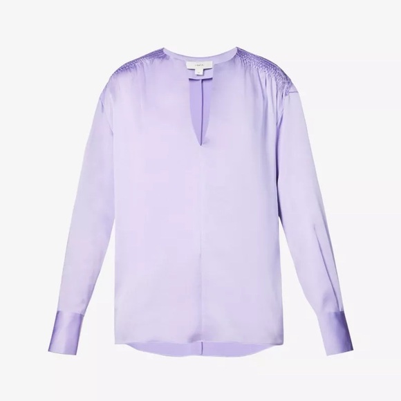 NWOT Vince Smocked Shoulder Long Sleeve Satin Blouse in Lily Stone Size XL - Picture 2 of 16